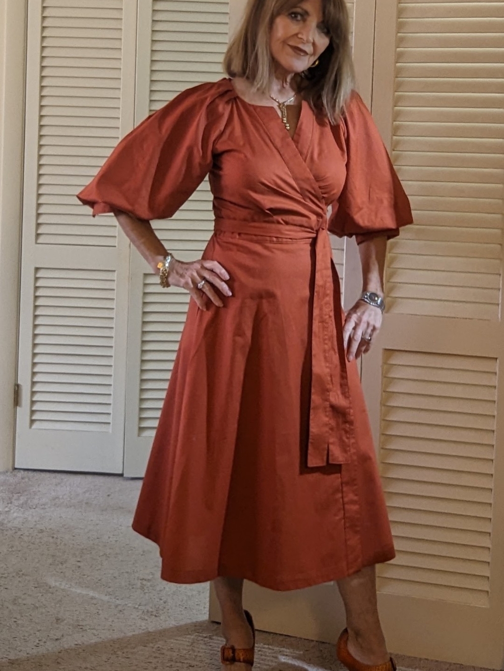 Banana Republic Rust Orange Wrap Midi Dress with Puff Sleeves